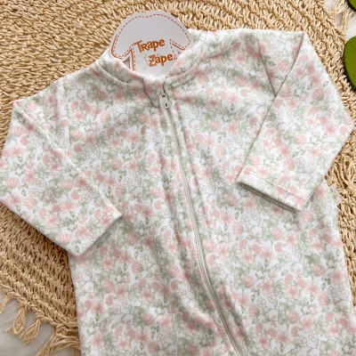 Macacão em Soft com Abertura em Zíper Flores - Off White e Rose